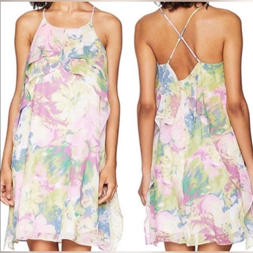 BCBGMaxAzria Women’s Spaghetti Strap Watercolor Floral Ruffle Dress Size S